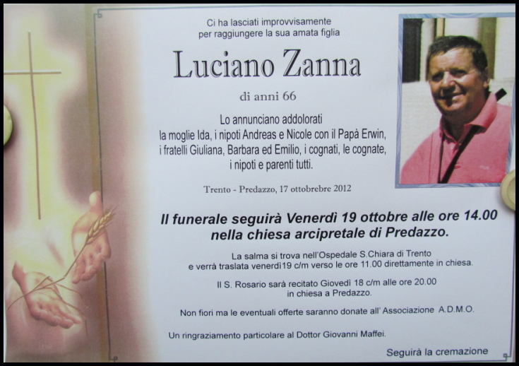 luciano zanna Predazzo necrologio, Luciano Zanna 