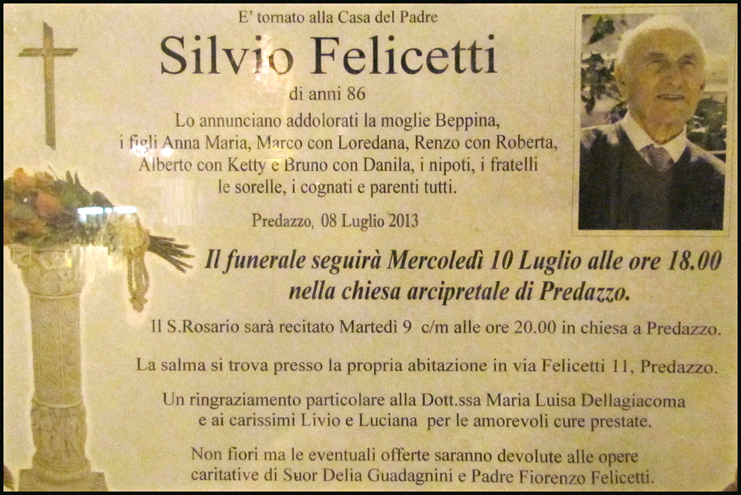 silvio felicetti tina Predazzo necrologio, Silvio Felicetti  (Tina)