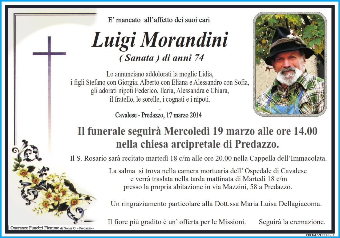luigi morandini Predazzo, necrologio Luigi Morandini