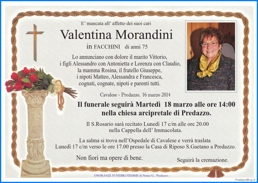 valentina morandini Predazzo, necrologio Valentina Morandini
