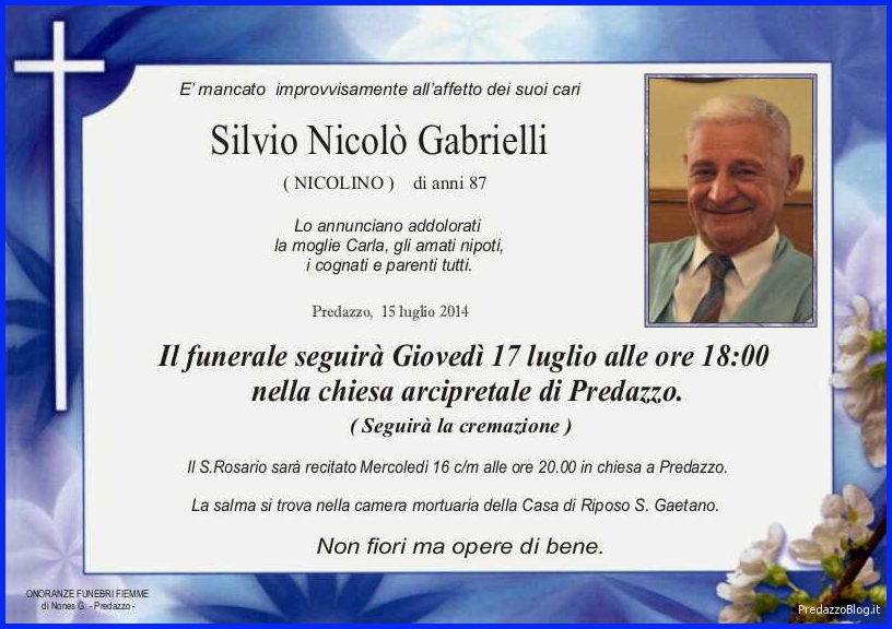 nicolino gabrielli everardo Predazzo necrologio, Silvio Nicolò Gabrielli