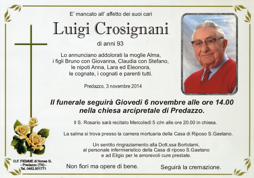 luigi crosignani Predazzo, necrologio Luigi Crosignani