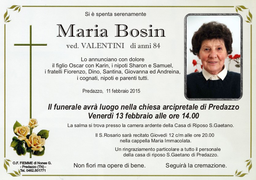 Bosin Maria Predazzo, necrologi Maria Bosin e Teresa Ceol
