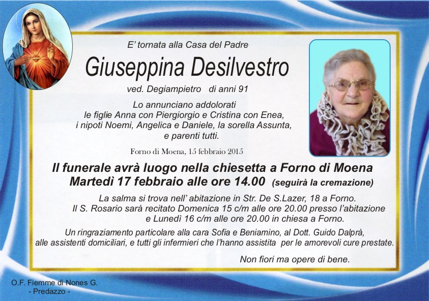 Desilvestro Giuseppina Predazzo, avvisi della Parrocchia 15/22 febbraio