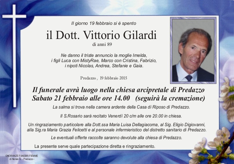 Gilardi Vittorio Predazzo, necrologio dott. Vittorio Gilardi