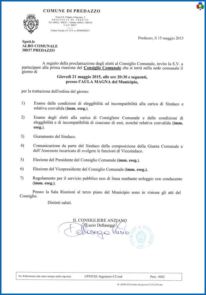 consiglio comunale 21 maggio 2015 Convocazione nuovo Consiglio Comunale di Predazzo