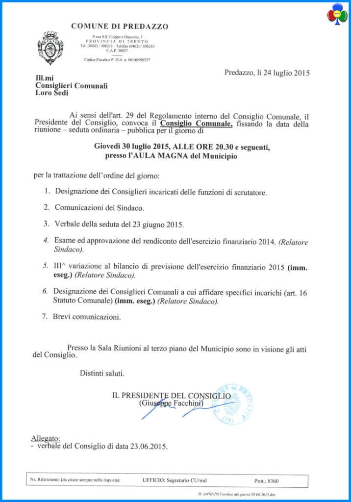 consiglio comunale luglio 2015 716x1024 Convocazione del Consiglio Comunale di Predazzo
