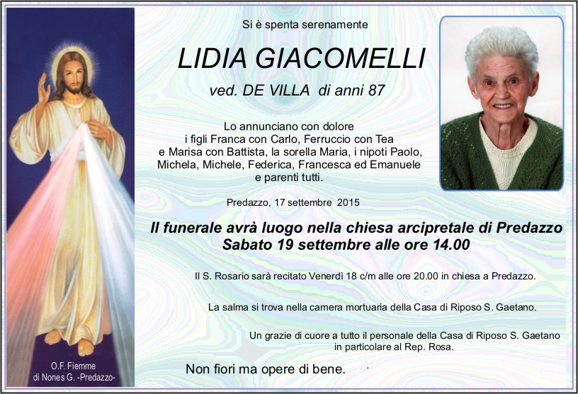 Giacomelli Lidia Necrologio, Lidia Giacomelli ved. De Villa