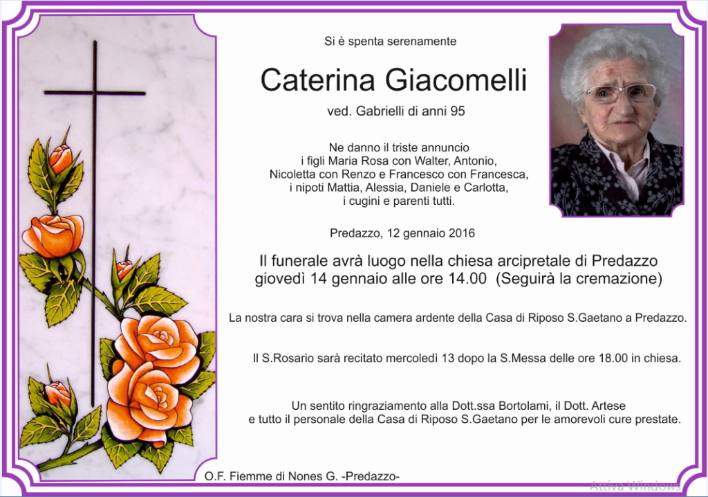 caterina giacomelli 1024x718 Necrologio, Caterina Giacomelli ved. Gabrielli