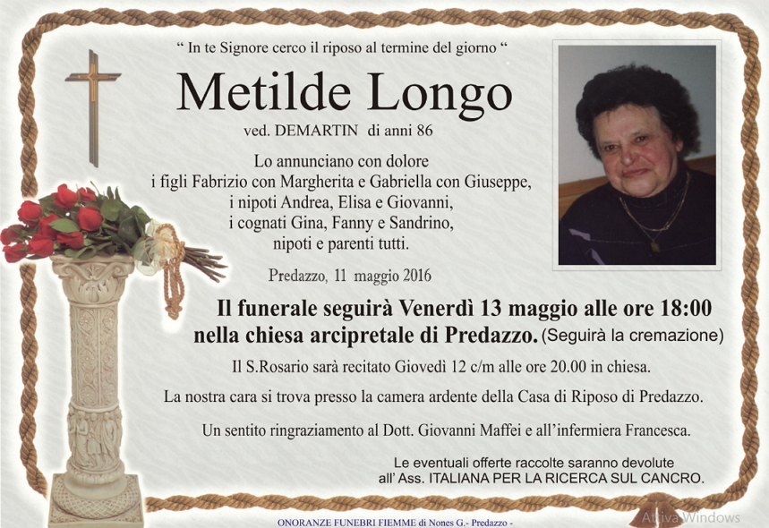 metilde longo Predazzo, necrologio Metilde Longo 