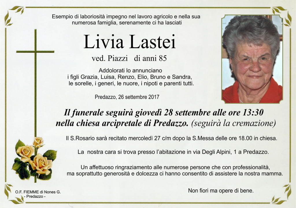 Lastei Livia 1024x721 Necrologio Predazzo, Sergio Capra e Livia Lastei