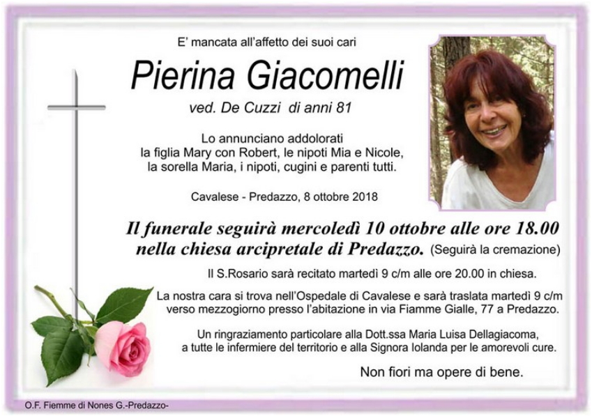 pierina giacomelli Avvisi Parrocchie 7 14 ottobre, necrologio Pierina Giacomelli