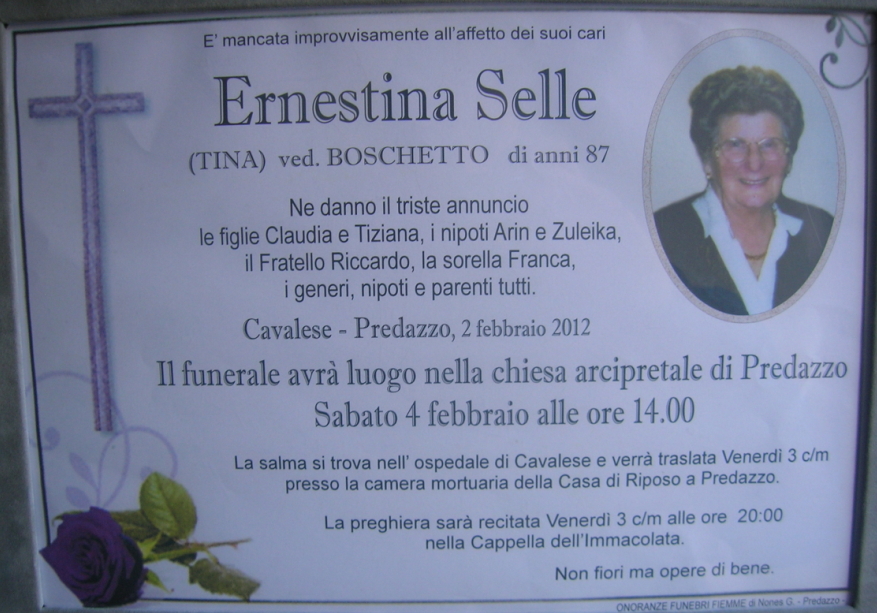 enrestina selle tina boschetto Predazzo necrologi Ernestina Selle (Tina Boschetto)