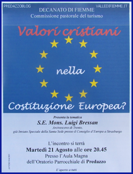 vescovo bressan costituzione europea fiemme predazzo blog Predazzo, incontro con il Vescovo di Trento Luigi Bressan Valori Cristiani nella Costituzione Europea 