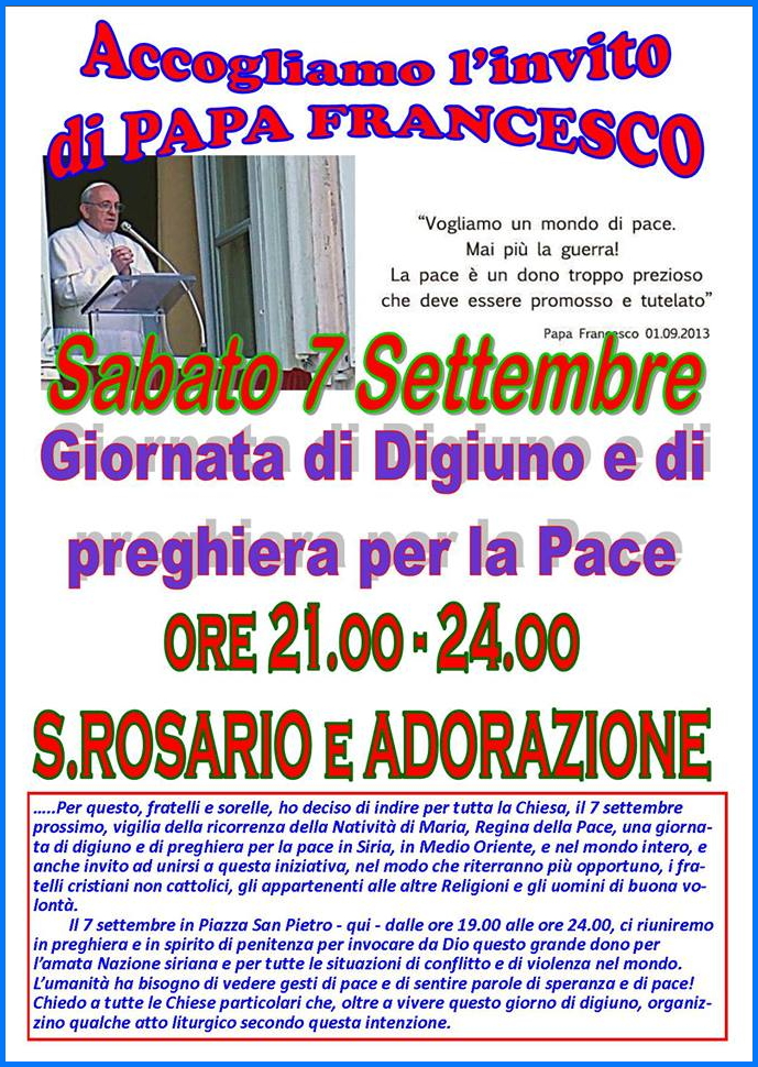 predazzo digiuno per la pace con papa francesco Predazzo, avvisi della Parrocchia 1   8 settembre