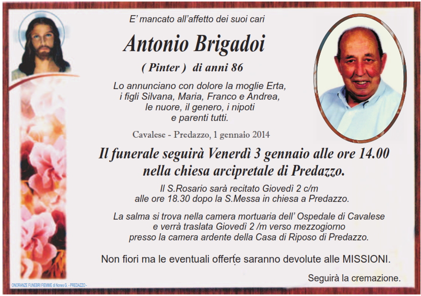 antonio brigadoi pinter Predazzo, necrologio Antonio Brigadoi (Pinter)