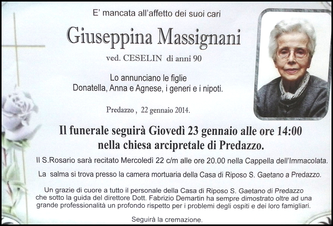giuseppina massignani Predazzo necrologi, don Giuseppe Smaniotto   Giuseppina Massignani   Giuseppe Diprima