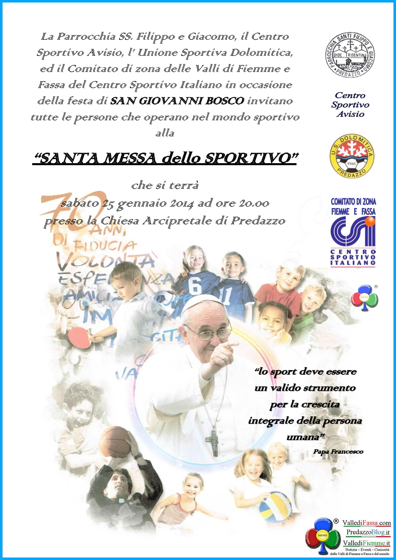 messa dello sportivo 2014 predazzo Predazzo, avvisi della Parrocchia dal 19 al 26 gennaio + Film Don Bosco