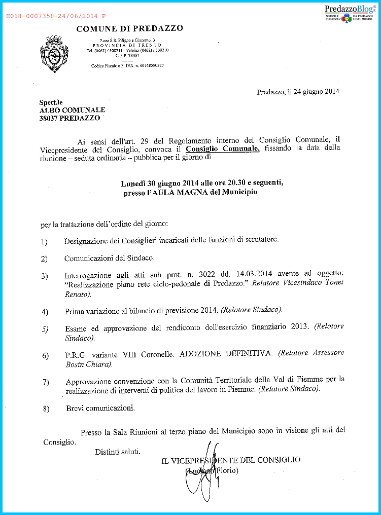 consiglio comunale predazzo del 30 giugno 2014 Predazzo, convocazione Consiglio Comunale e avvisi