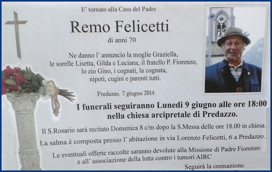 remo felicetti tina Predazzo, necrologio Remo Felicetti (tina)