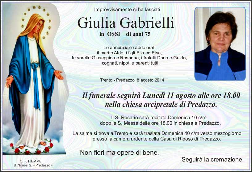 Gabrielli Giulia Predazzo, necrologio Giulia Gabrielli in Ossi