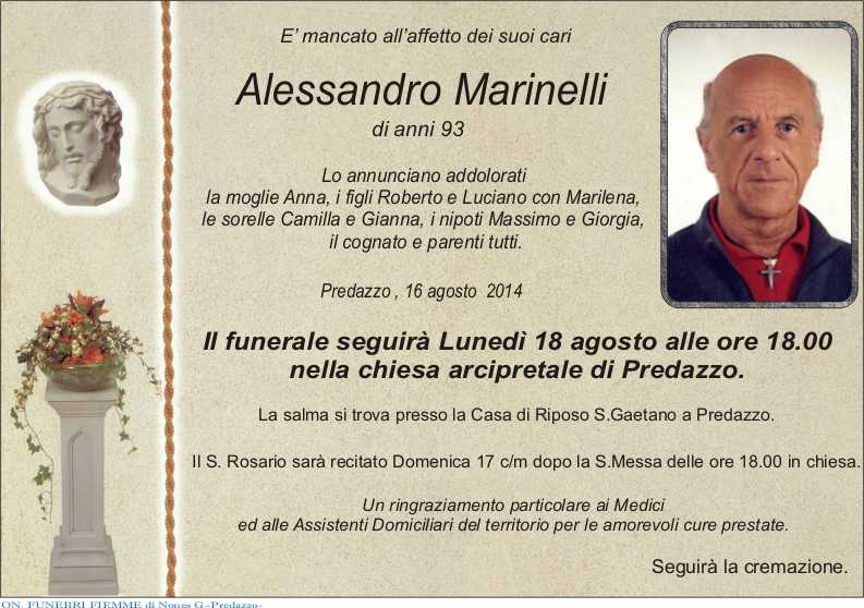 Marinelli Alessandro Predazzo, necrologio Alessandro Martinelli
