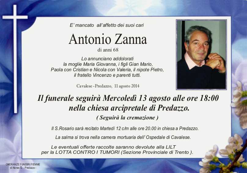 Zanna Antonio Predazzo, necrologio Antonio Zanna