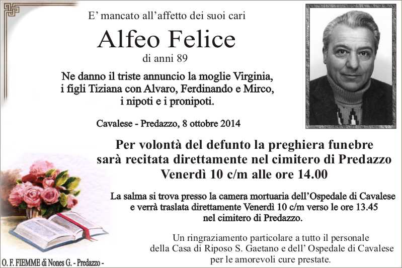 Alfeo Felice Predazzo necrologio, Alfeo Felice