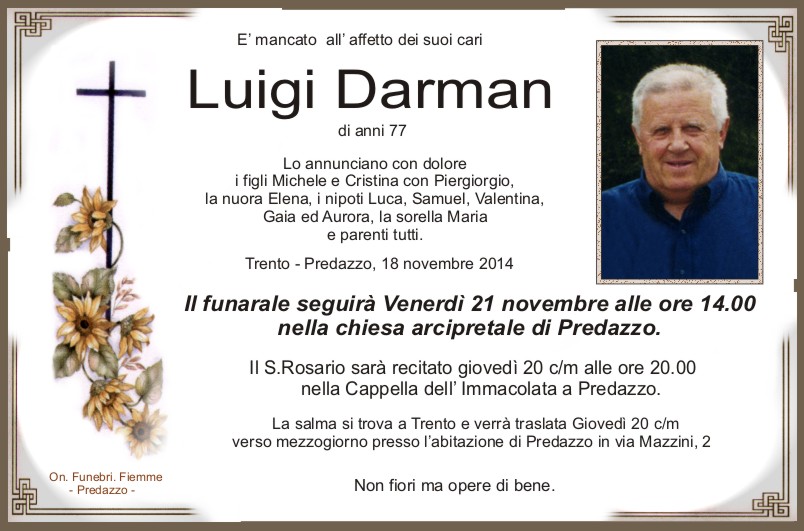 Darman Luigi Predazzo, necrologio Luigi Darman