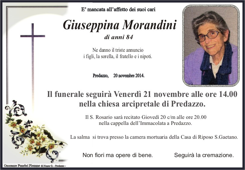 Morandini Giuseppina Predazzo, necrologio Giuseppina Morandini