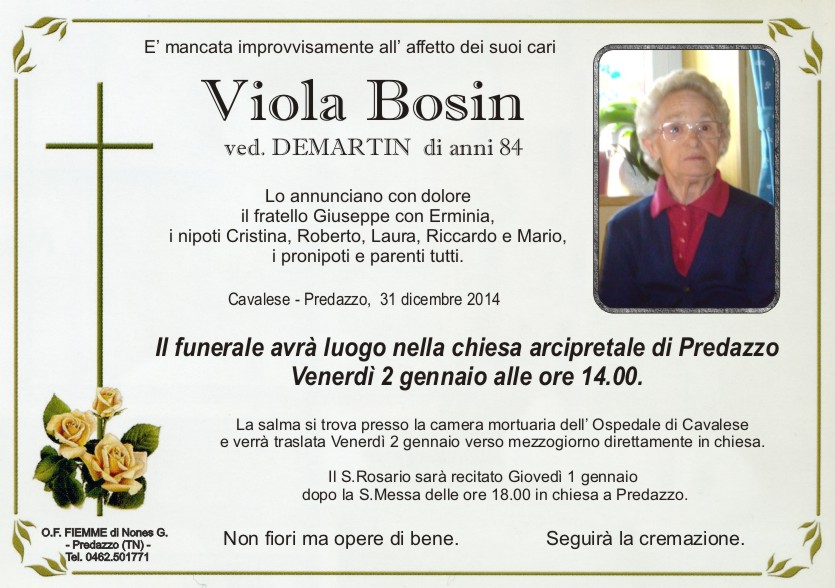 Bosin Viola Predazzo, necrologi Amalia Gabrielli e Bosin Viola