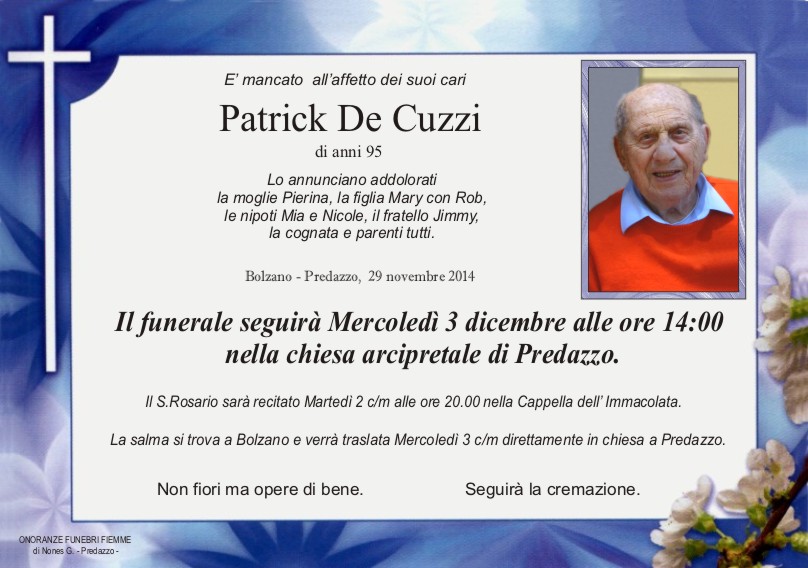 De Cuzzi Patrick Predazzo, necrologio Patrick De Cuzzi