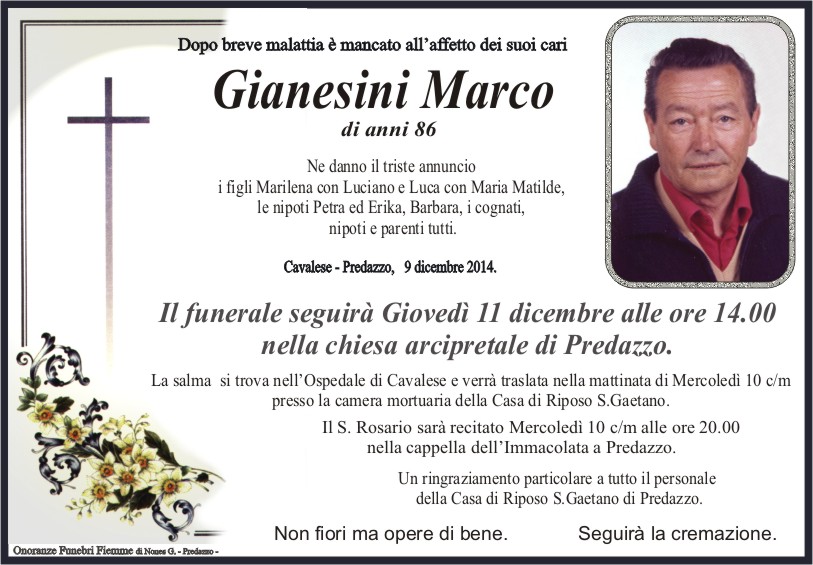 Gianesini Marco Predazzo, necrologio Gianesini Marco