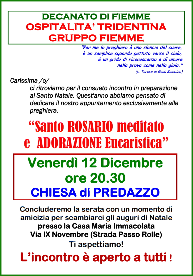 ospitalita tridentina fiemme avvento Predazzo, avvisi della Parrocchia dal 7 al 14 dicembre