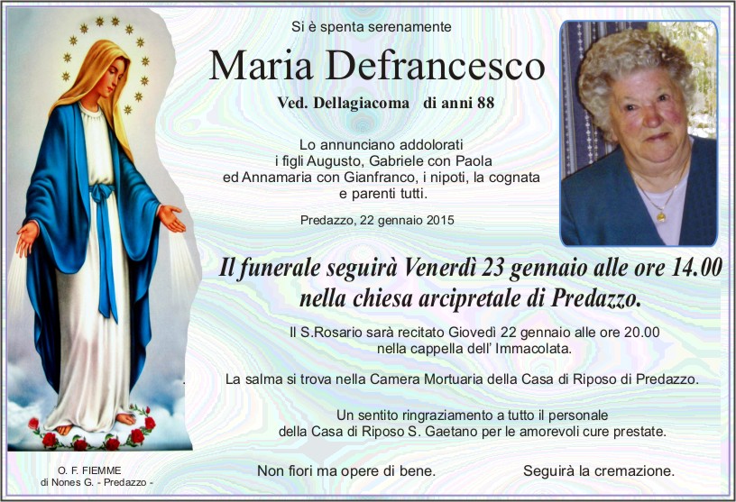 Defrancesco Maria Predazzo, necrologio Maria Defrancesco