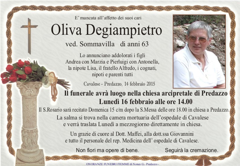 Degiampietro Oliva Predazzo, avvisi della Parrocchia 15/22 febbraio