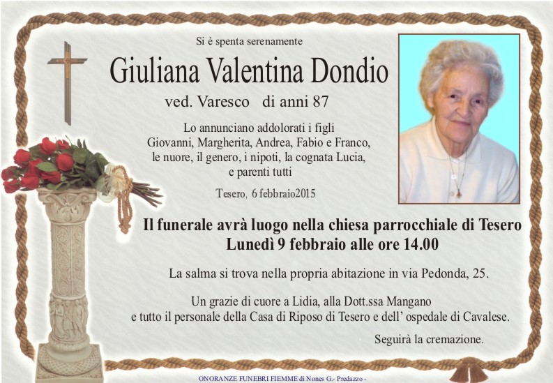 Dondio Giuliana Valentina Predazzo, avvisi della Parrocchia 8/15 2 e necrologi