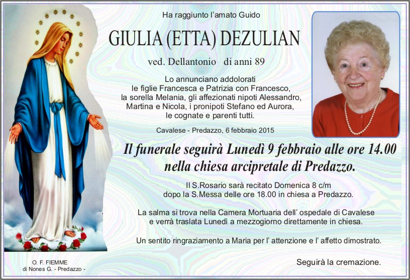 Giulia Dezulian Predazzo, avvisi della Parrocchia 8/15 2 e necrologi