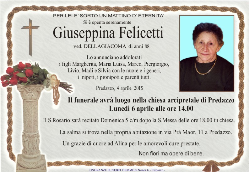 Felicetti Giuseppina Predazzo, necrologio Giuseppina Felicetti e avvisi parrocchiali