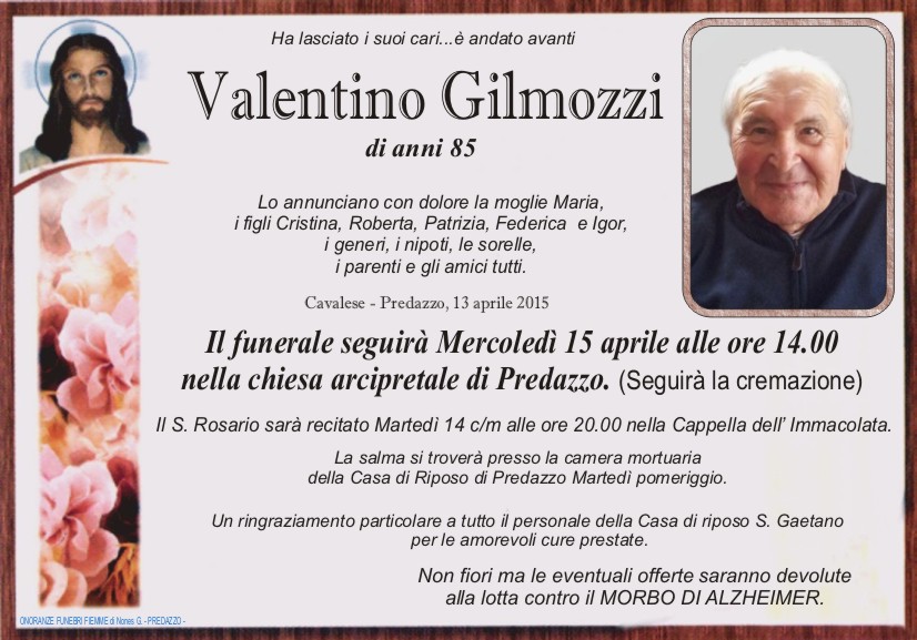 Gilmozzi Valentino Avvisi Parrocchiali e necrologio Valentino Gilmozzi