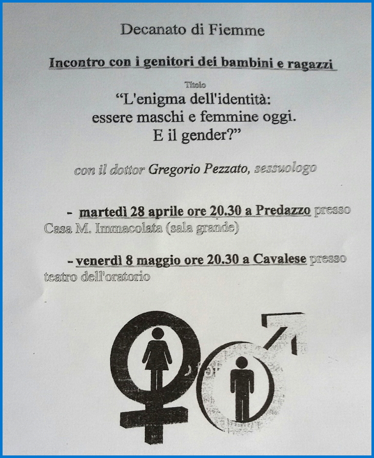 gender locandina fiemme Predazzo, avvisi Parrocchiali   Incontri sullideologia gender