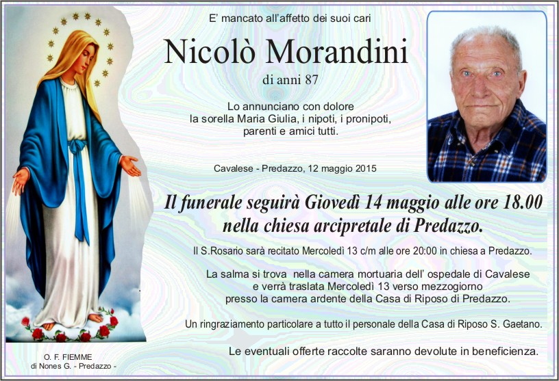 Morandini Nicolò Predazzo, necrologio Nicolò Morandini