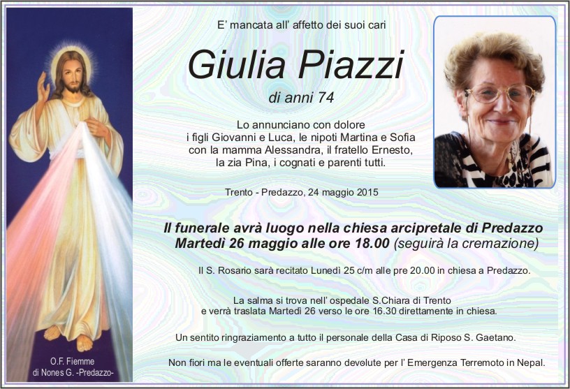 Piazzi Giulia Predazzo, necrologio Giulia Piazzi