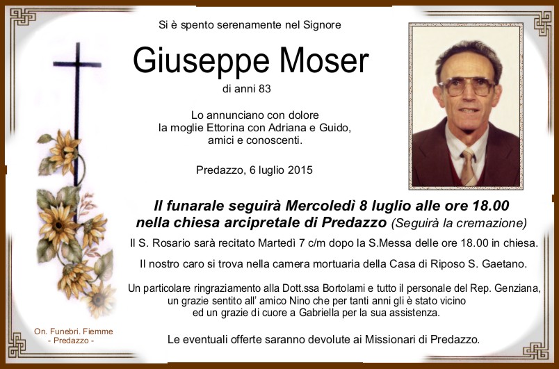Moser Giuseppe Predazzo, necrologio Giuseppe Moser