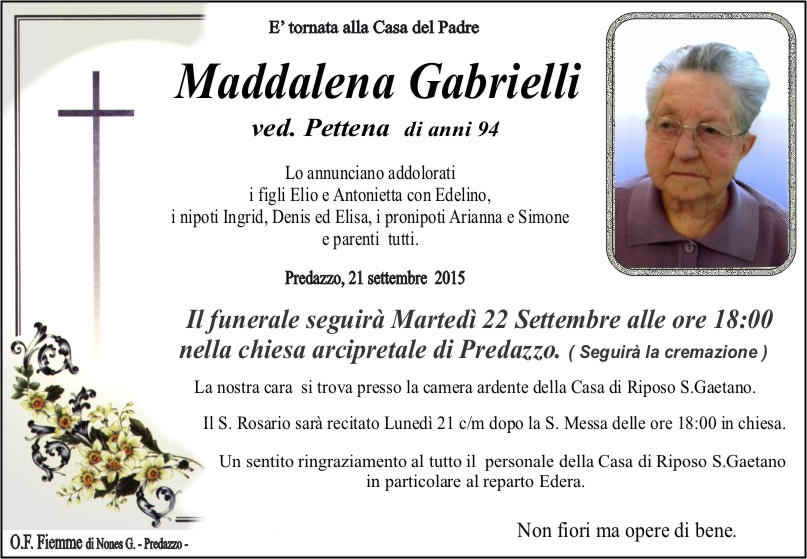 Gabrielli Maddalena Necrologio, Maddalena Gabrielli  ved. Pettena