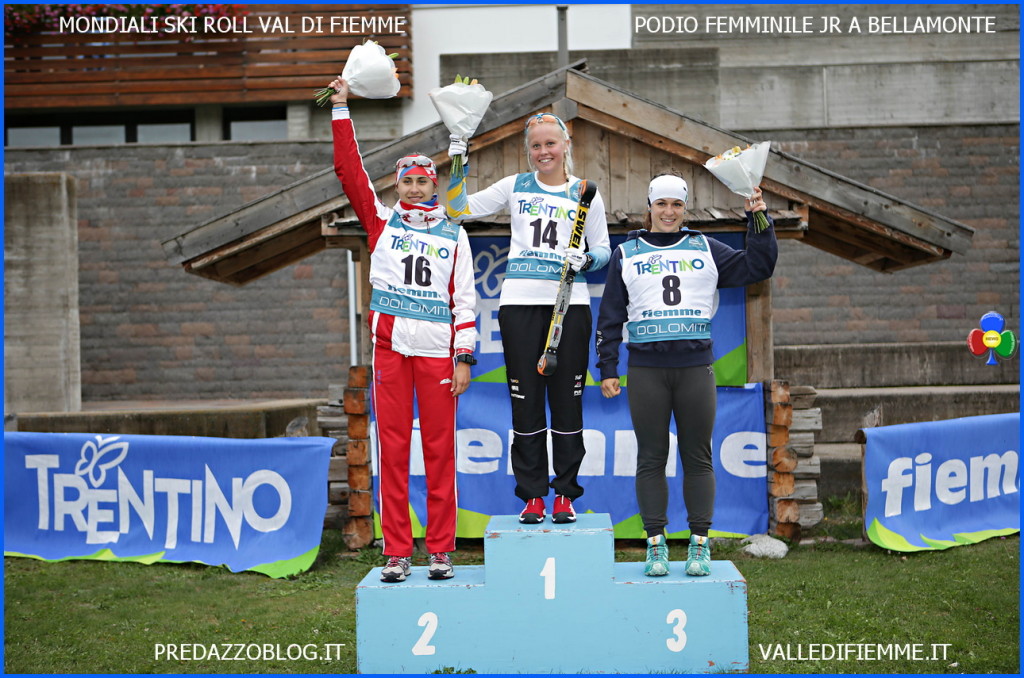 podio femminile jr mondiali skiroll fiemme 2015 1024x678 Mondiali Skiroll Zelger e Rastelli nellolimpo di Fiemme