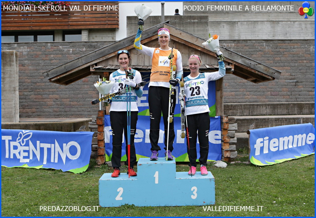 podio femminile mondiali skiroll fiemme 2015 1024x707 Mondiali Skiroll Zelger e Rastelli nellolimpo di Fiemme