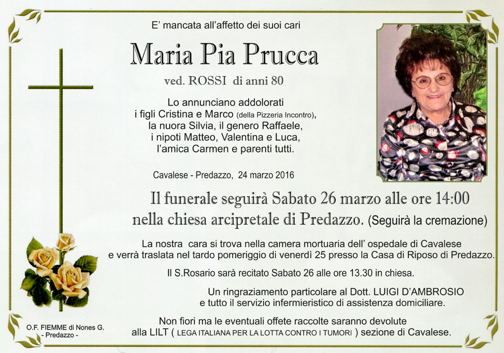 maria pia prucca Necrologio, Marua Pia Prucca ved. Rossi