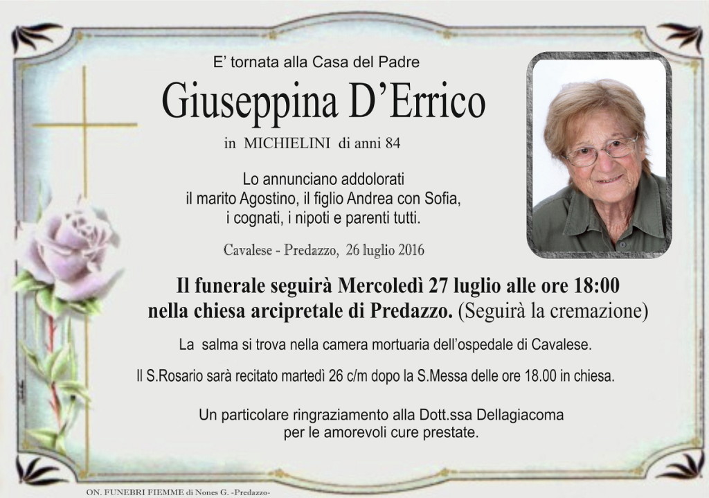 giuseppina derrico 1024x719 Necrologi: Giorgio Tescari e Giuseppina DErrico