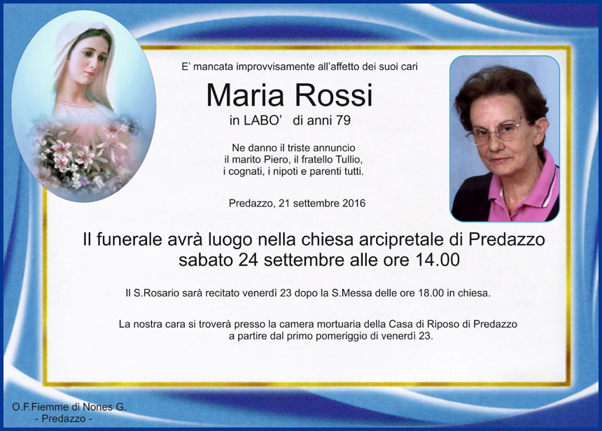 maria rossi1 Necrologio, Maria Cavada dal Piaz 